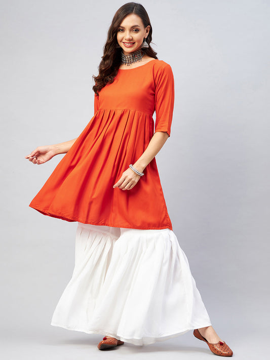 InWeave Women's Orange Short Anarkali Kurta - Swadesiicart