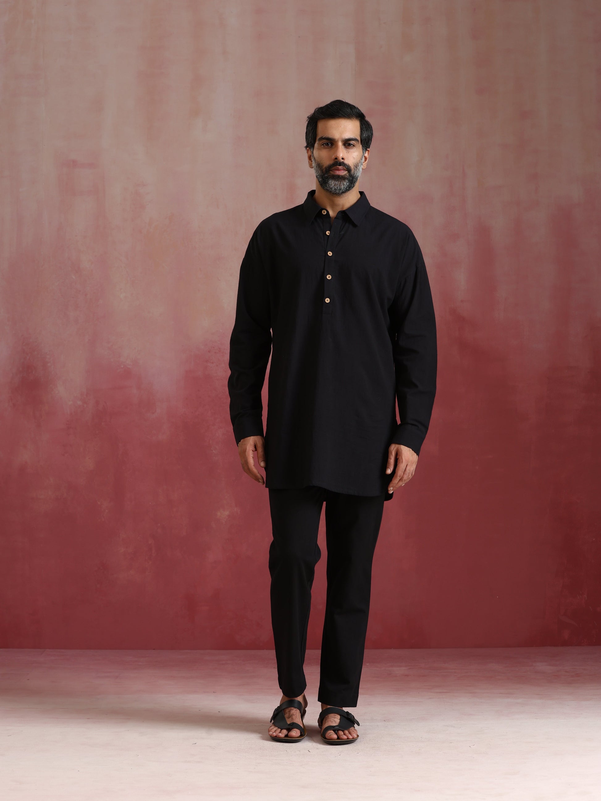 trueBrowns Men's Black Cotton Shirt Collar Stylized Kurta Co-ord set - Swadesiicart