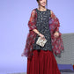 InWeave Women's Blue Printed Kurta Sharara Set With Burgundy Organza Dupatta - Swadesiicart