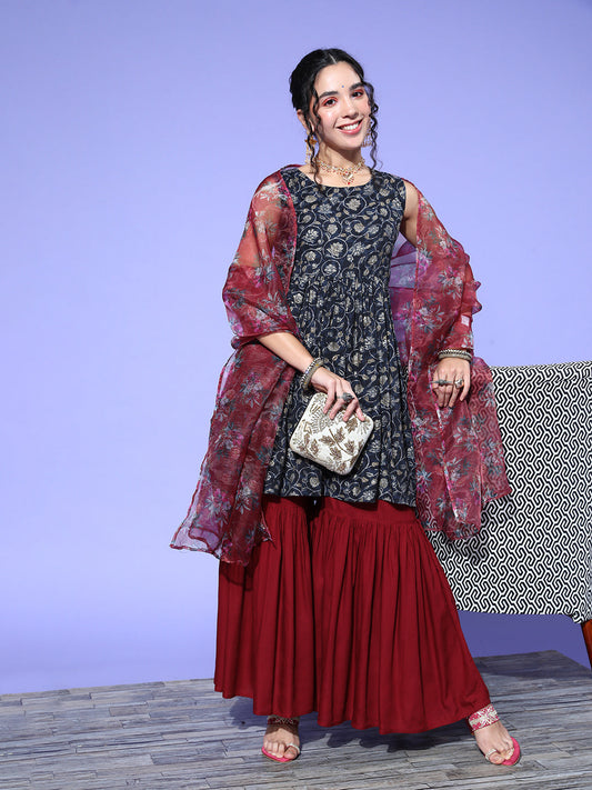 InWeave Women's Blue Printed Kurta Sharara Set With Burgundy Organza Dupatta - Swadesiicart