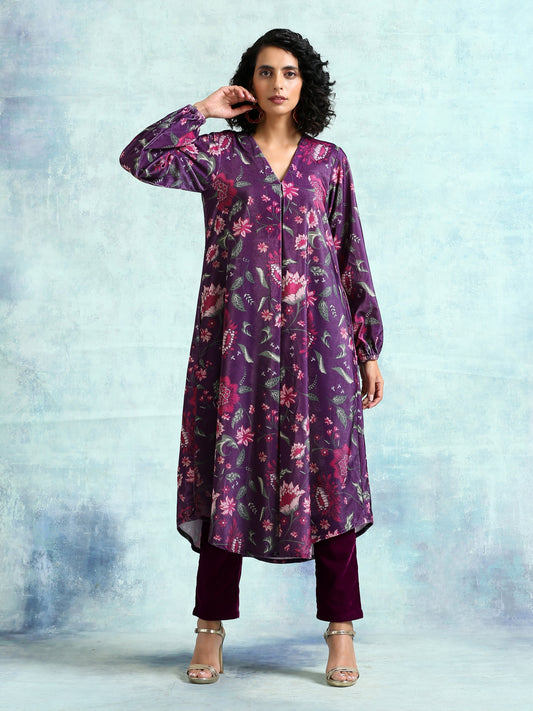 trueBrowns Wine Printed Velvet Neck Pleat Kurta | Swadesiicart