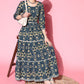 InWeave Women's Blue Ikkat Print Tiered Dress With Lace - Swadesiicart