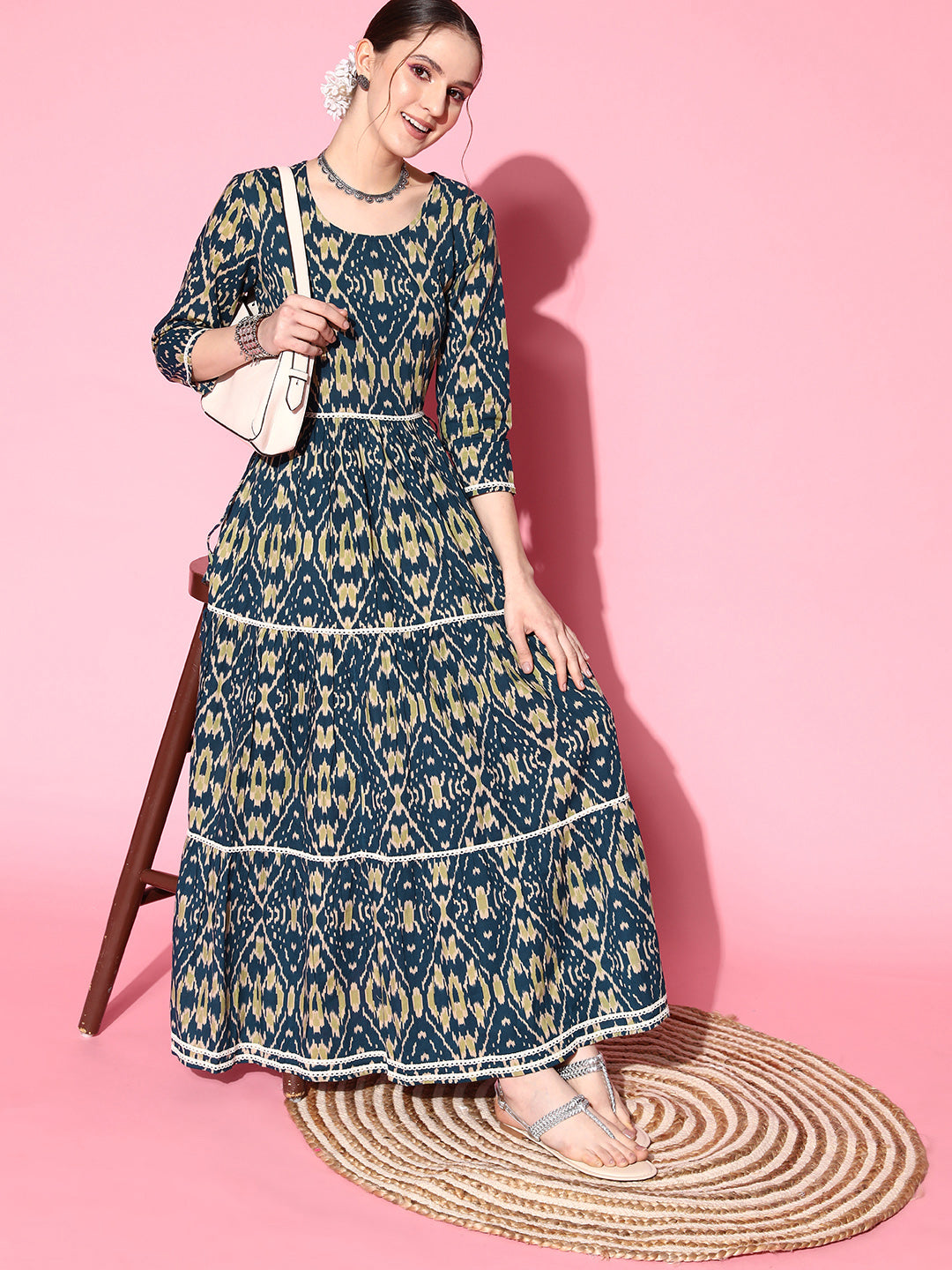 InWeave Women's Blue Ikkat Print Tiered Dress With Lace - Swadesiicart