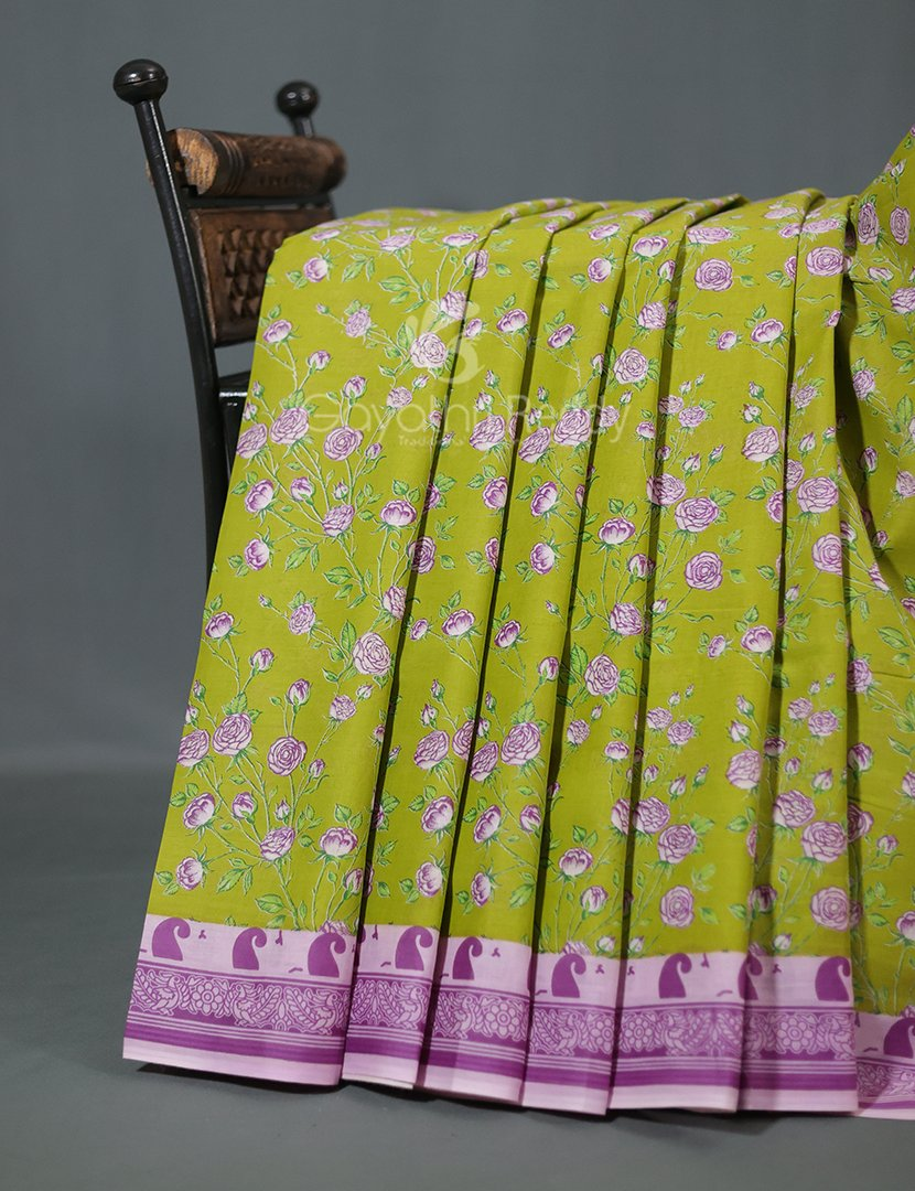 Block Print Apple Green Coloured Mulmul Cotton Saree By Gayathri Reddy Designer Studio | Swadesiicart