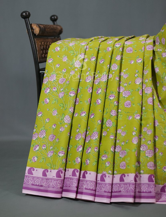 Block Print Apple Green Coloured Mulmul Cotton Saree By Gayathri Reddy Designer Studio | Swadesiicart