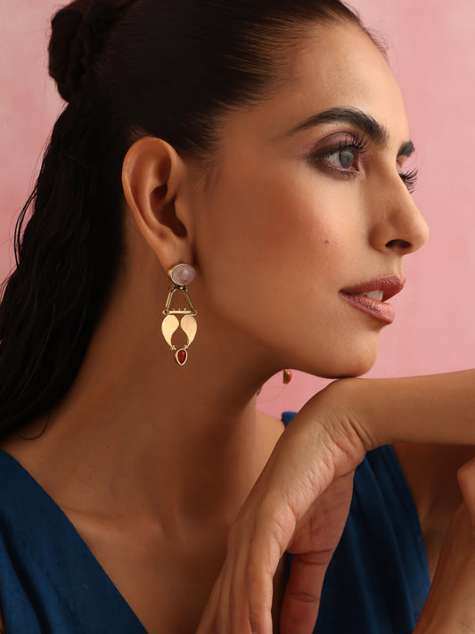 trueBrowns Brass Pink Stone Paisley Earrings - Swadesiicart