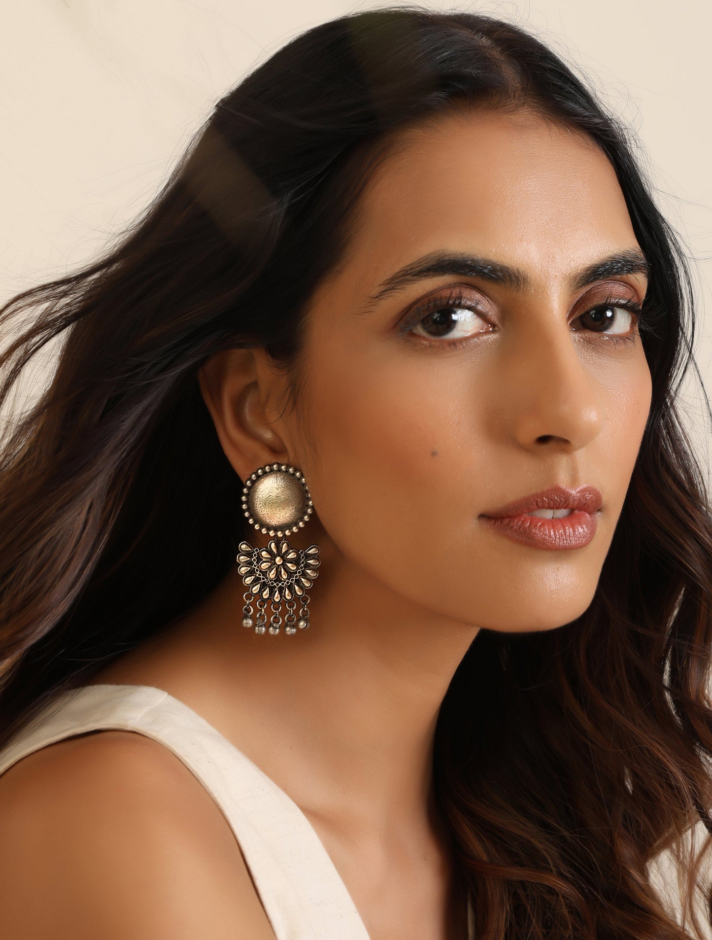 trueBrowns Silver Crescent Floral Earrings | Swadesiicart