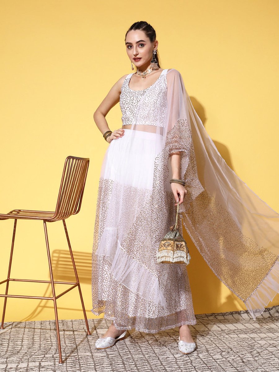 Ahalyaa White & Gold-Toned Printed Ready to Wear Lehenga & Blouse With Dupatta | Swadesiicart