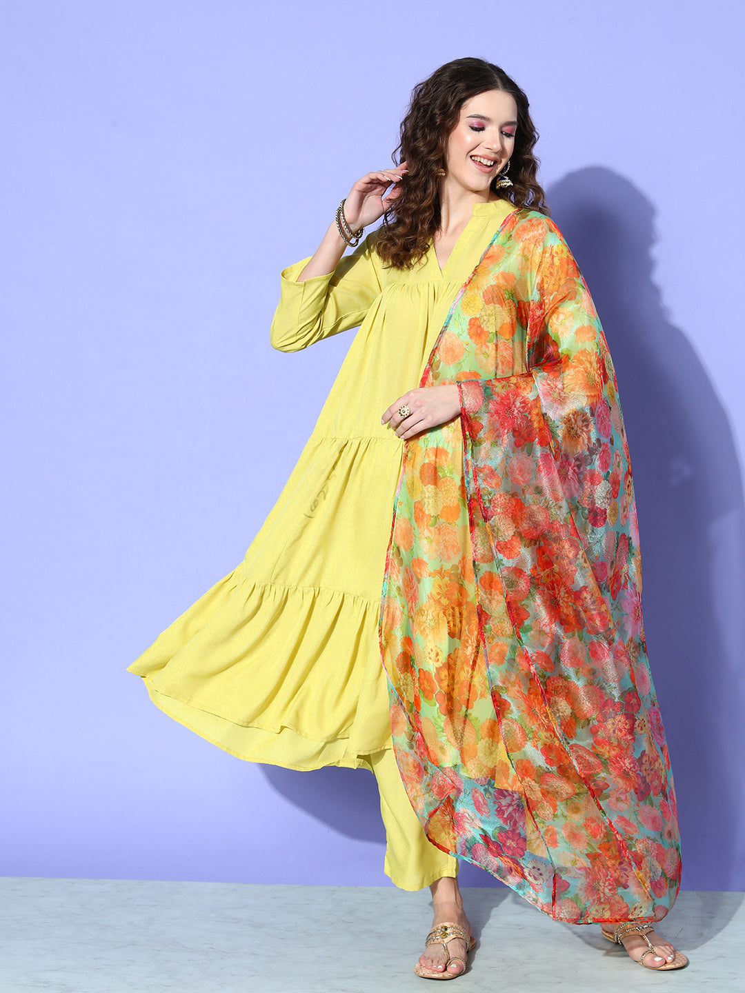 InWeave Women's Lime Green Flared Kurta Set With Green Organza Dupatta - Swadesiicart