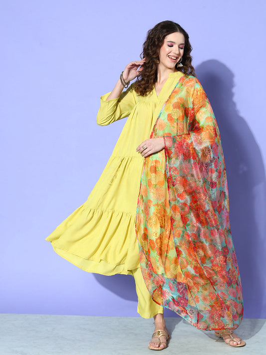 InWeave Women's Lime Green Flared Kurta Set With Green Organza Dupatta - Swadesiicart