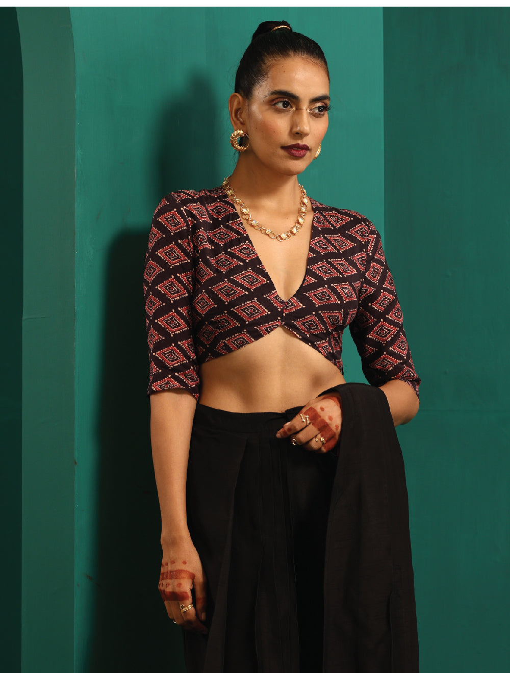 trueBrowns Black Muslin Silk Diamond Printed Deep V-Neck Blouse | Swadesiicart