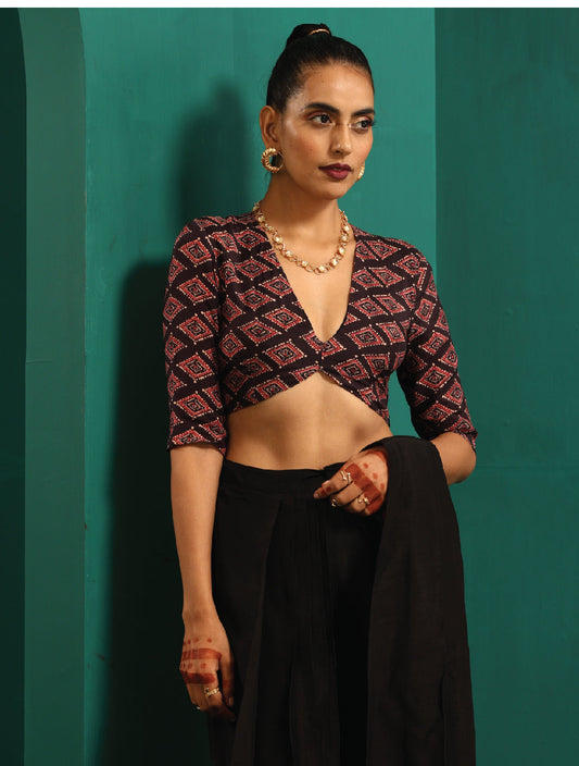 trueBrowns Black Muslin Silk Diamond Printed Deep V-Neck Blouse | Swadesiicart