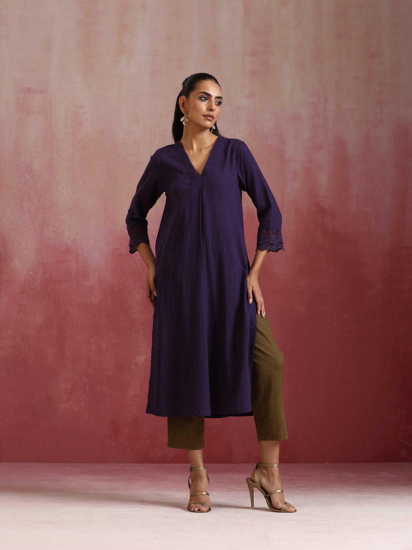 trueBrowns Purple Cotton Dobby Kurta Set | Swadesiicart