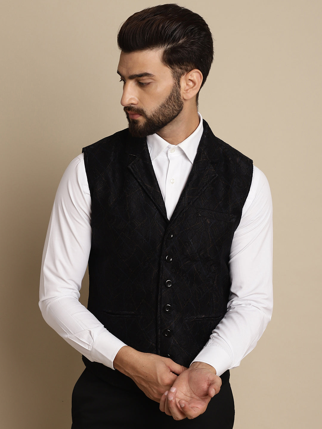 Even Apparels Men's Black Waistcoat with Notched Lapel | Swadesiicart