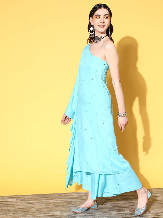 InWeave Women's Sky Blue Mirror Work One Shoulder Kurta Set - Swadesiicart