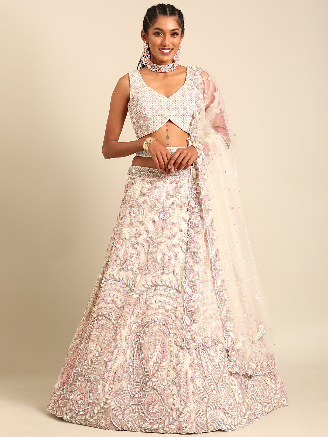 House of Panchhi Cream Net Multi Sequins with heavy Zarkan embroidery Lehenga choli & Dupatta | Swadesiicart