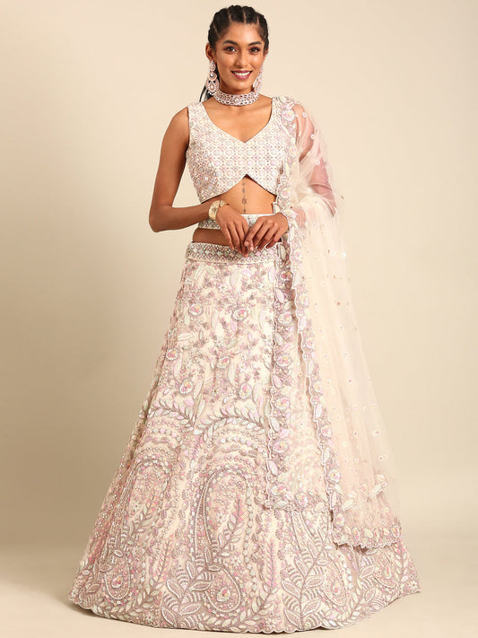 House of Panchhi Cream Net Multi Sequins with heavy Zarkan embroidery Lehenga choli & Dupatta | Swadesiicart