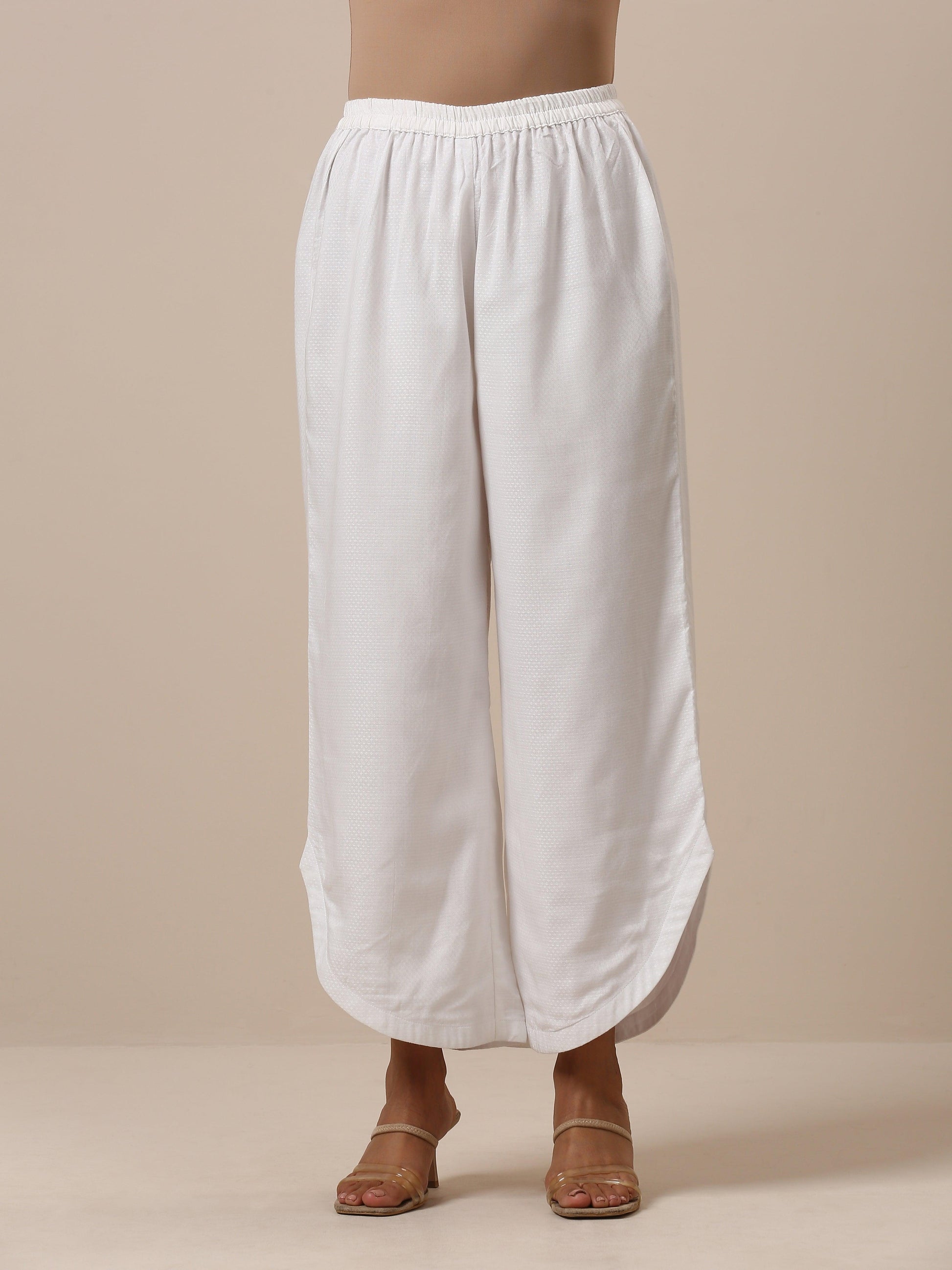 trueBrowns Cotton White Textured Curve Pant | Swadesiicart