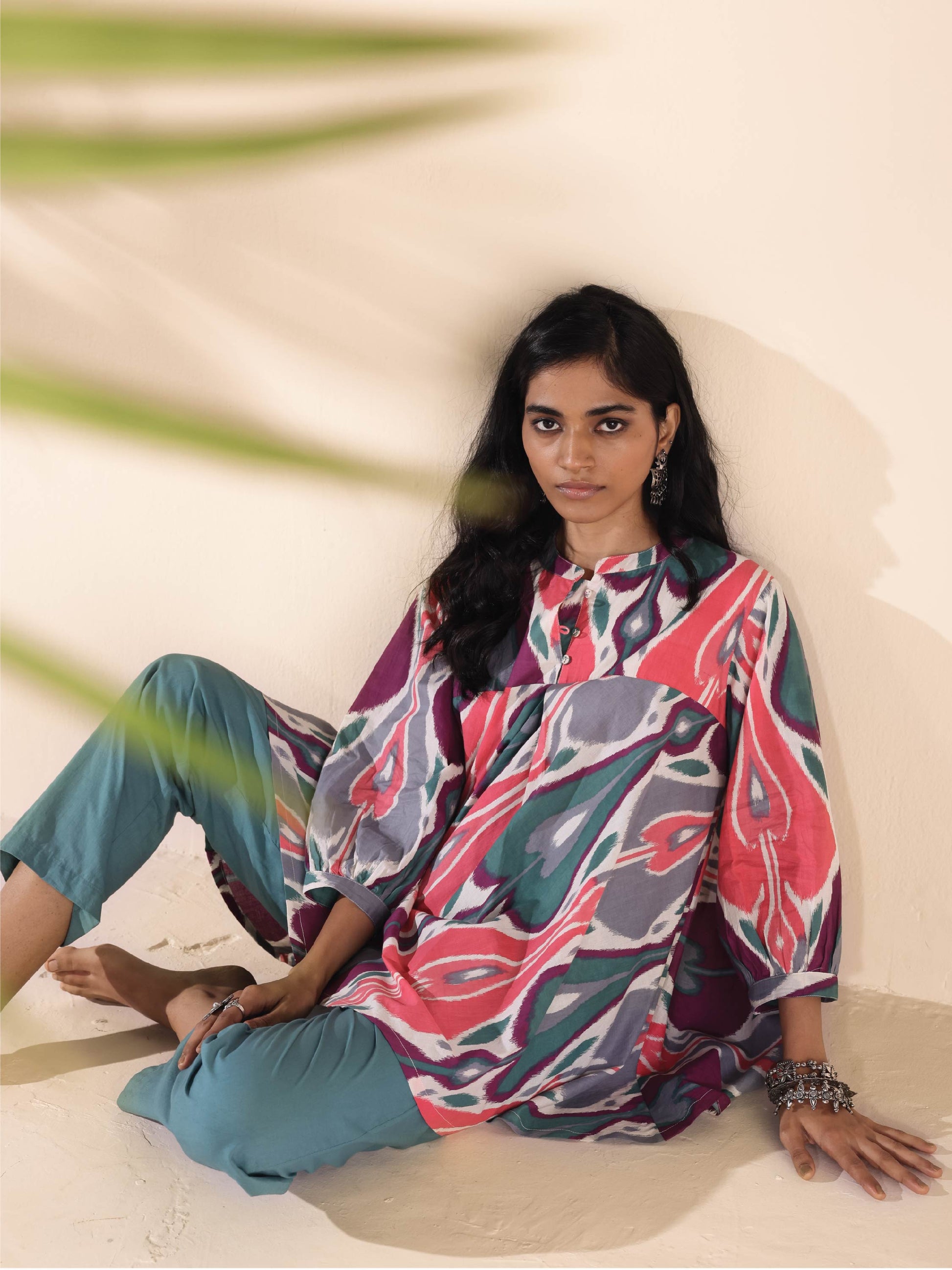 trueBrowns Green Cotton Ikat Flared Co-ord Set - Swadesiicart