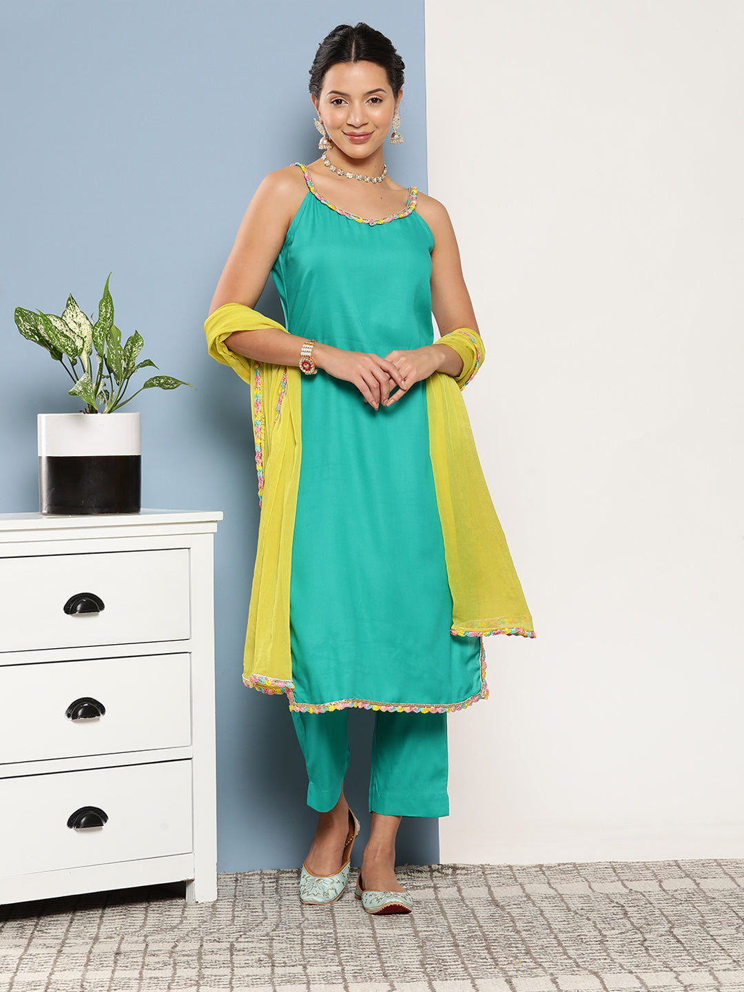InWeave Women's Teal Lace Work Straight Strappy Kurta Set With Lime Green Chiffon Dupatta - Swadesiicart