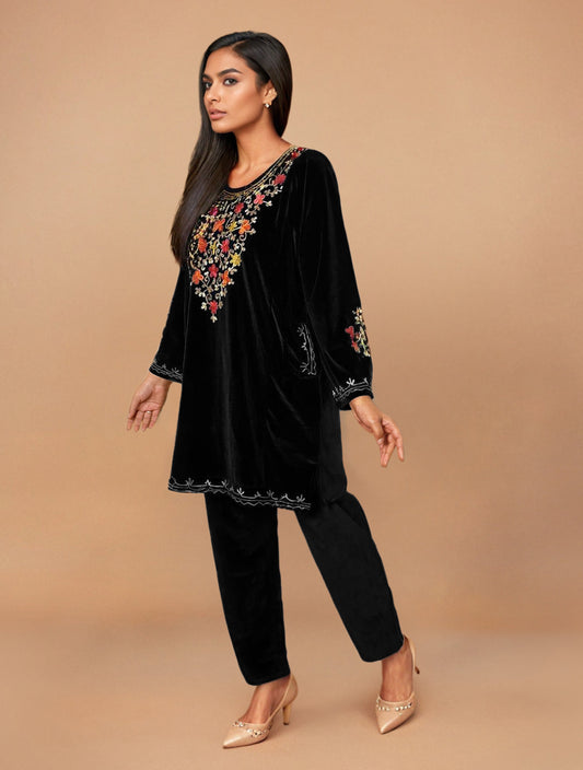 trueBrowns Black Velvet Embroidered Co-ord Set - Swadesiicart