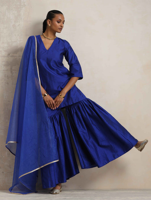 trueBrowns Electric Blue Sharara Dupatta Set | Swadesiicart