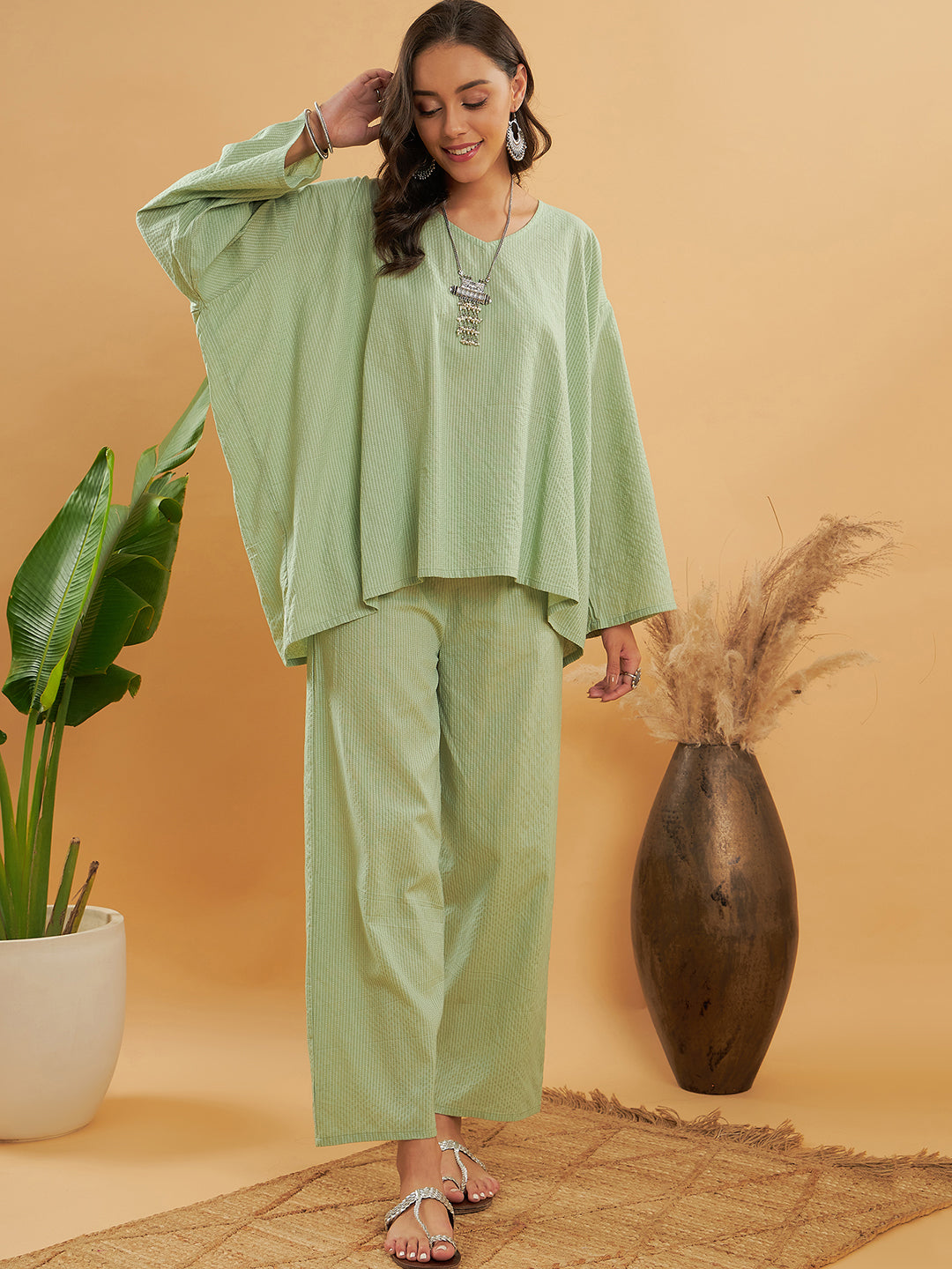 InWeave Women's Sage Green Kantha Boho Full Sleeve Coord Set - Swadesiicart