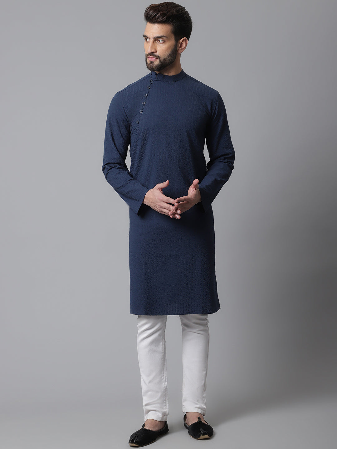 Even Apparels Blue Solid Kurta With Band Collar | Swadesiicart