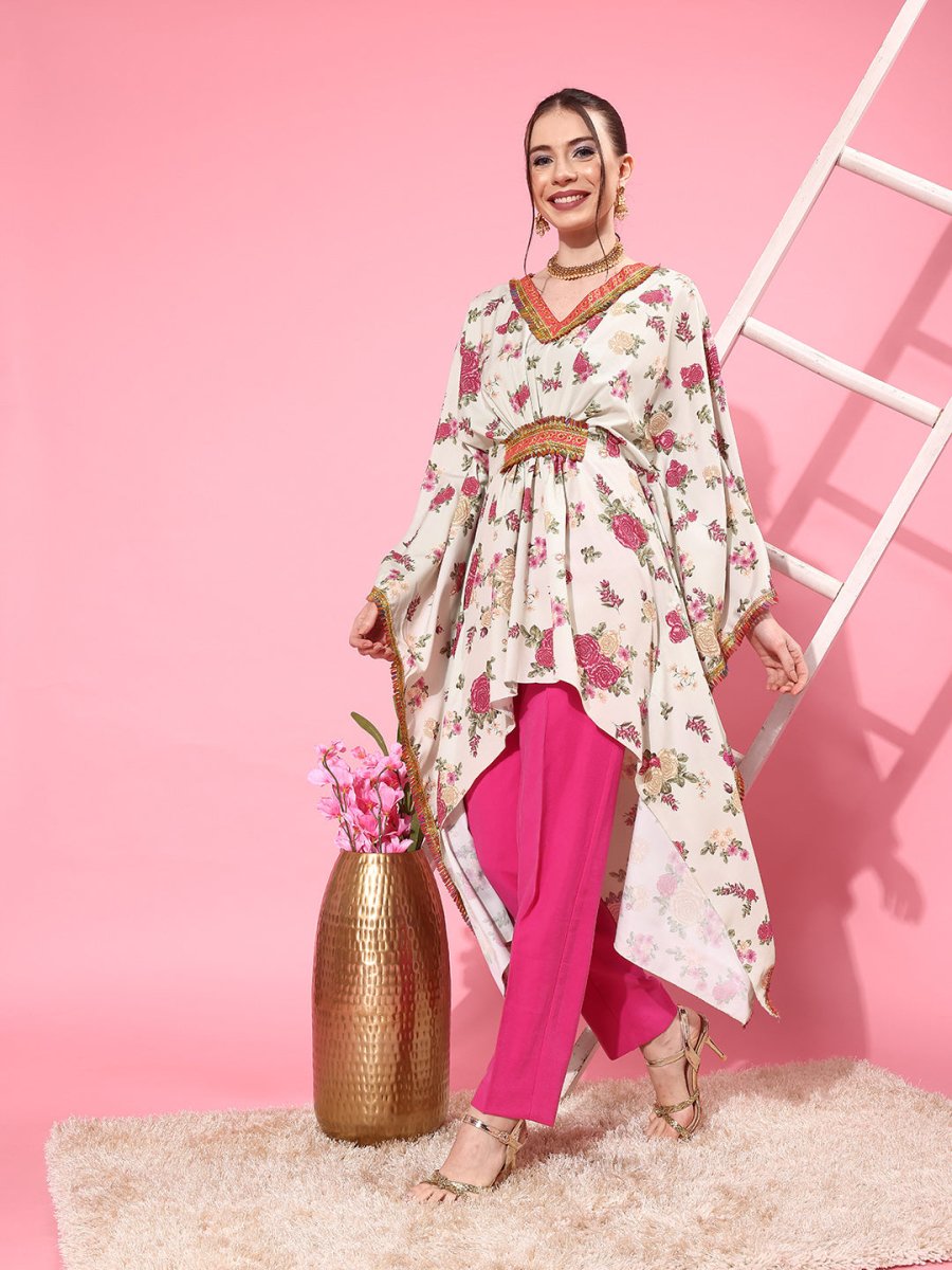 Ahalyaa Women Floral Printed Flared Sleeves Thread Work Crepe Kaftan Kurta | Swadesiicart