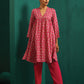 trueBrowns Pink Leaf Muslin Silk Printed Yoke Gathered Co-ord Set - Swadesiicart