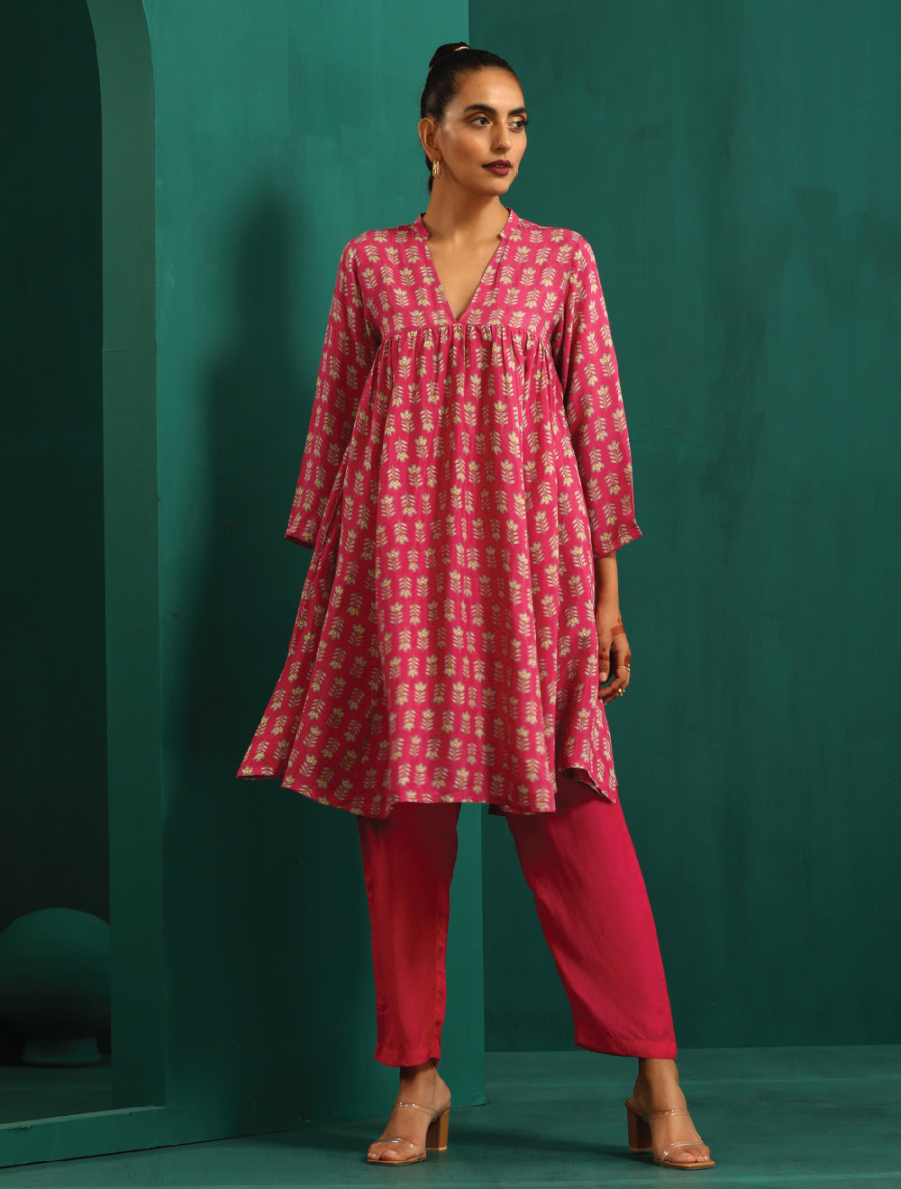 trueBrowns Pink Leaf Muslin Silk Printed Yoke Gathered Co-ord Set - Swadesiicart