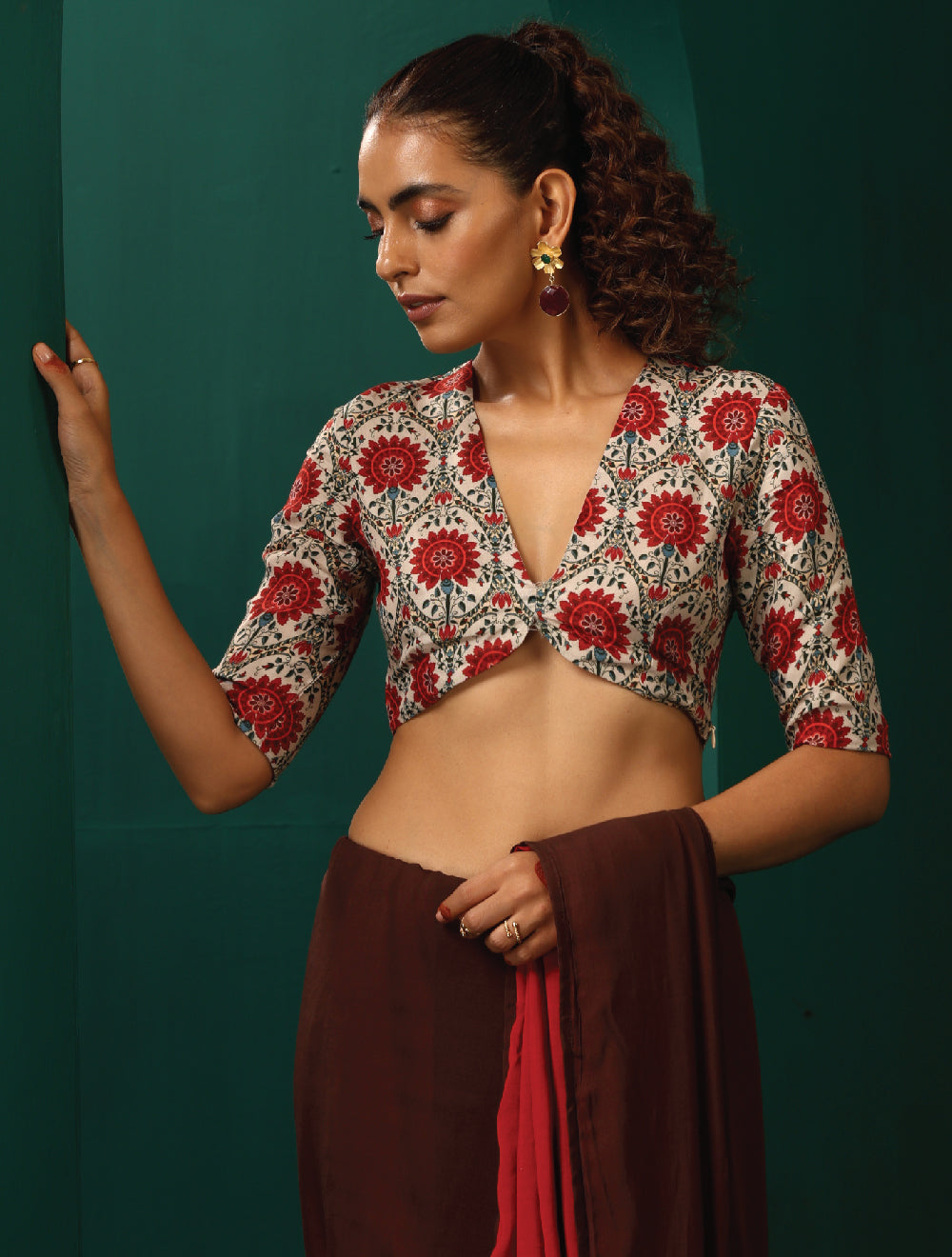 trueBrowns Ivory Red Circle Floral Muslin Silk Printed Deep V-Neck Blouse | Swadesiicart