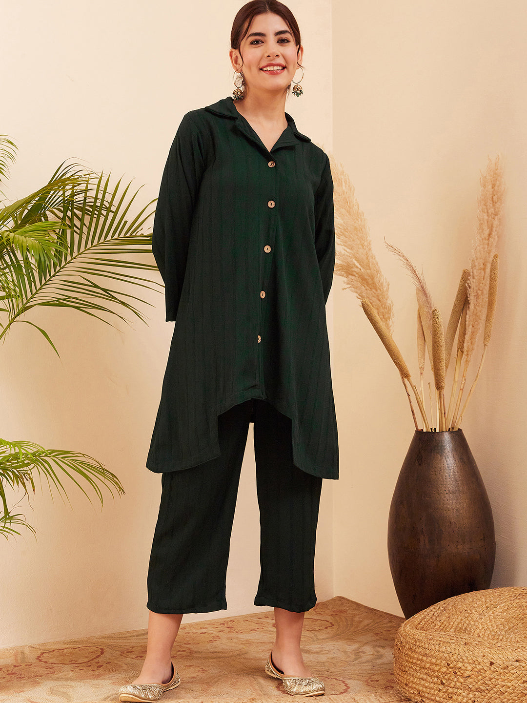 InWeave Women's Forest Green Collared Front Button Blazer Kurta Pant Set - Swadesiicart