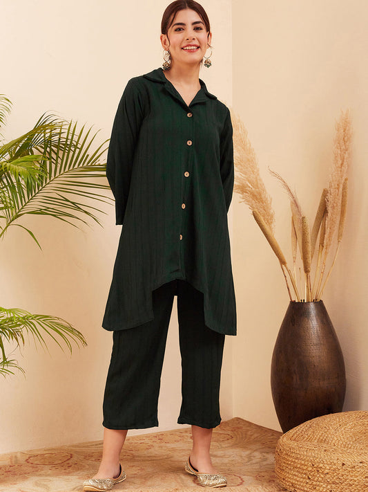 InWeave Women's Forest Green Collared Front Button Blazer Kurta Pant Set - Swadesiicart