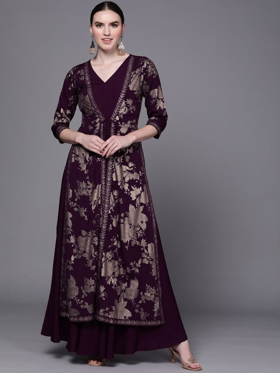 Ahalyaa Women Burgundy Floral Fit & Flare Maxi Ethnic Dress | Swadesiicart