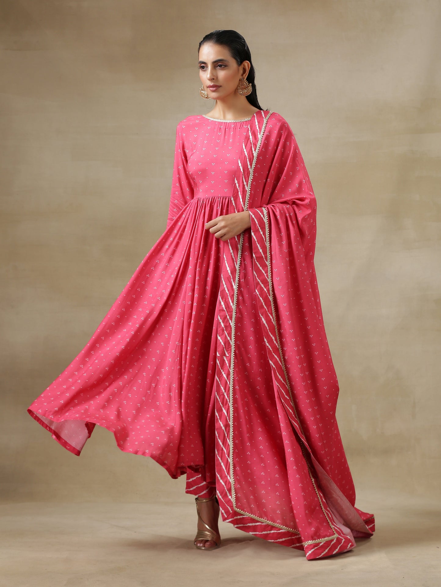 trueBrowns Pink Bandhani Printed Silk Anarkali Kurta Pant Dupatta Set | Swadesiicart