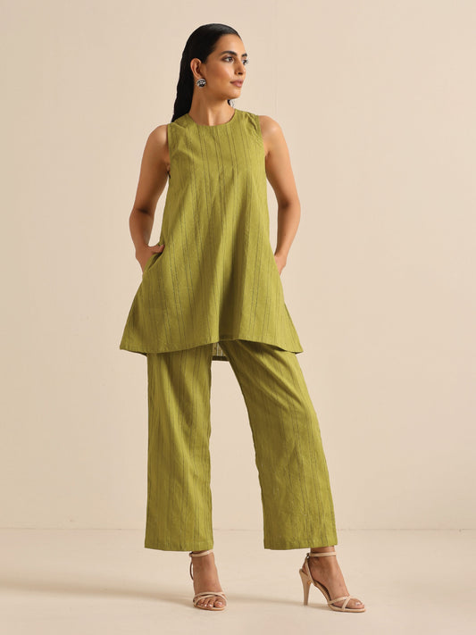 trueBrowns Green Dobby Sleeveless Co-Ord Set - Swadesiicart