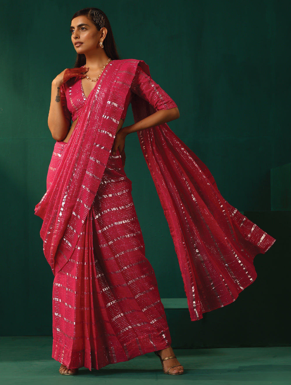 trueBrowns Rani Pink Cotton Silver Lurex Striped Ready to Wear Saree | Swadesiicart