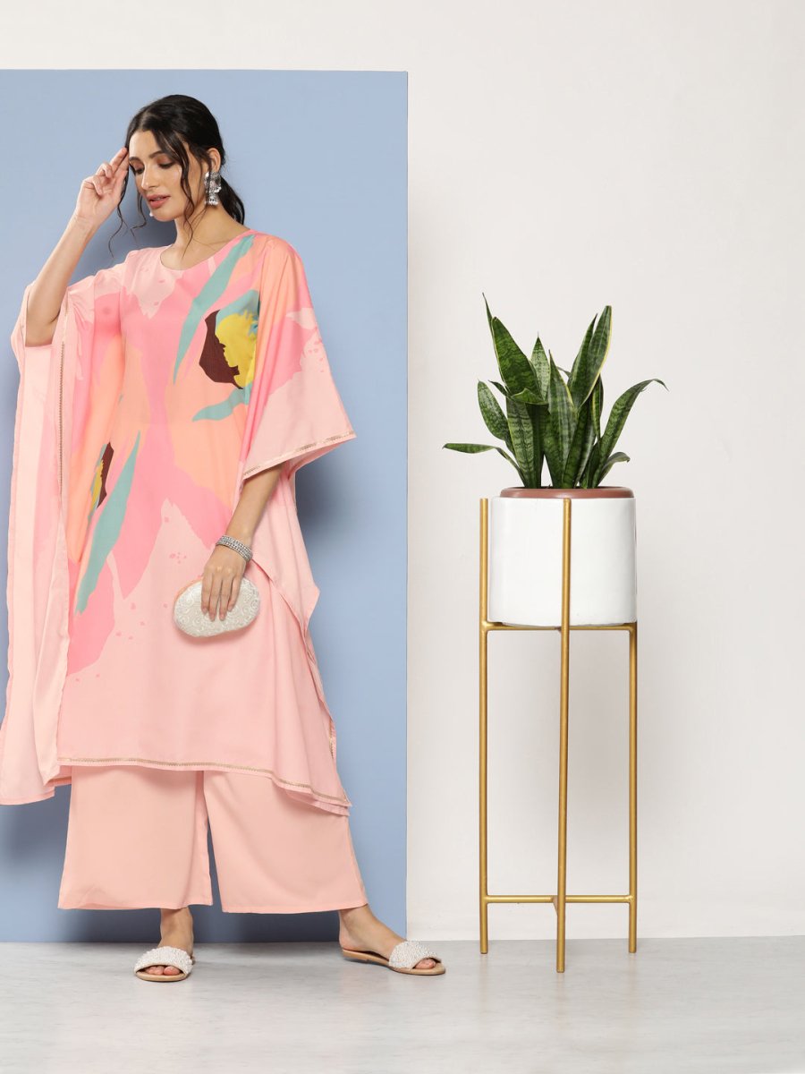Ahalyaa Women Pink Printed Gotta Patti Kurta with Palazzos | Swadesiicart