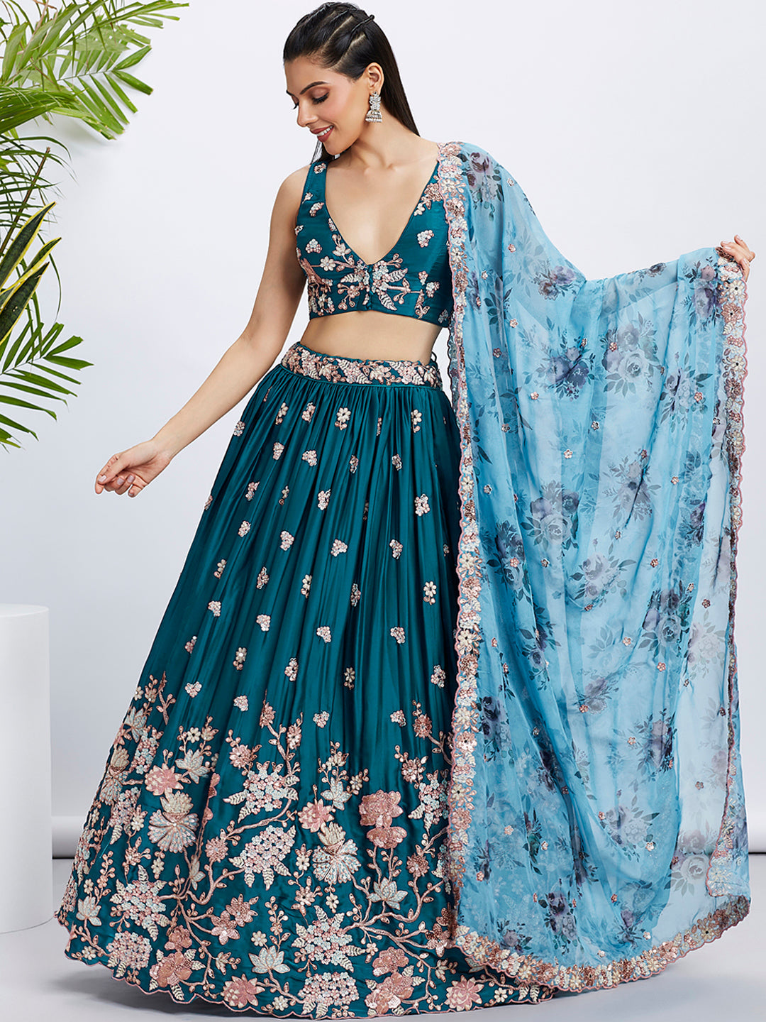 House of Panchhi Olive Pure Georgette Sequins And Thread Embroidery Lehenga Choli & Dupatta | Swadesiicart