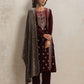 trueBrowns Maroon Velvet Embroidered Kurta Pant Dupatta Set | Swadesiicart