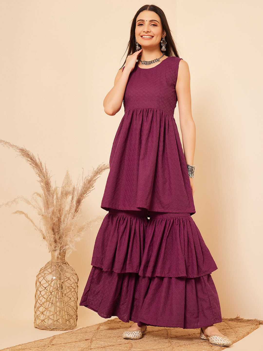 InWeave Women's Purple Lace Work Double Layer Sharara Set - Swadesiicart
