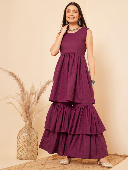 InWeave Women's Purple Lace Work Double Layer Sharara Set - Swadesiicart