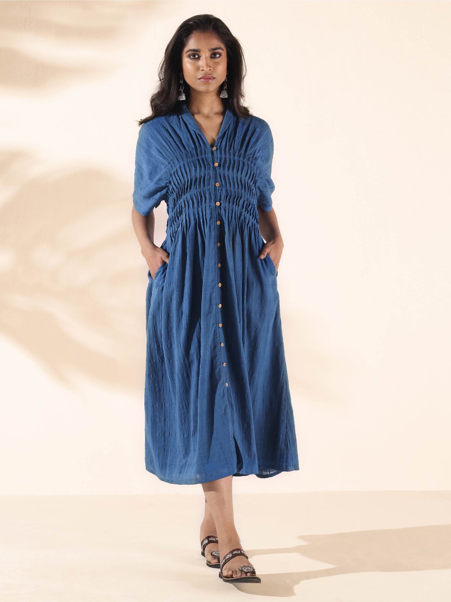 trueBrowns Blue Cotton Dobby Dress | Swadesiicart