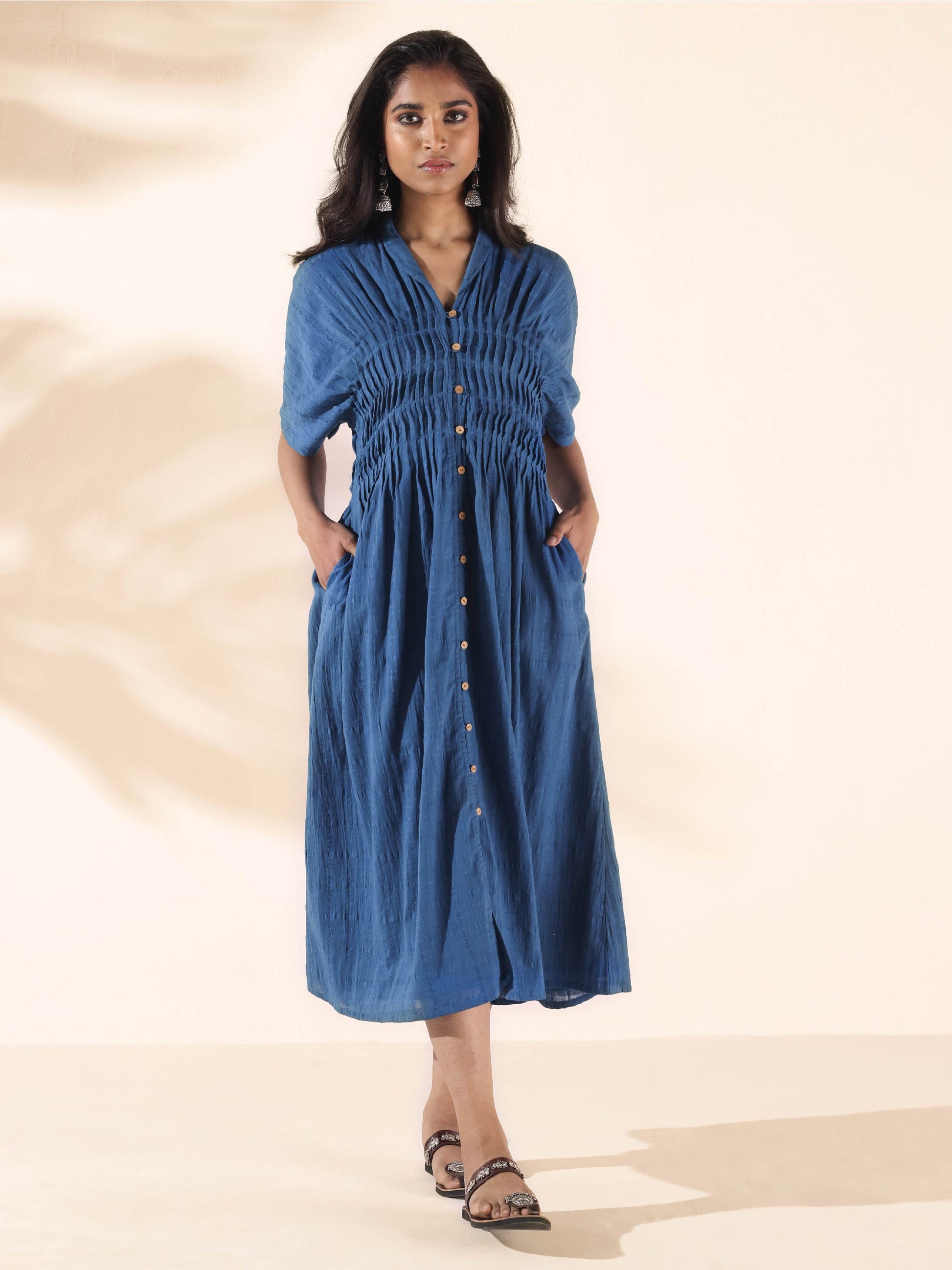 trueBrowns Blue Cotton Dobby Dress | Swadesiicart