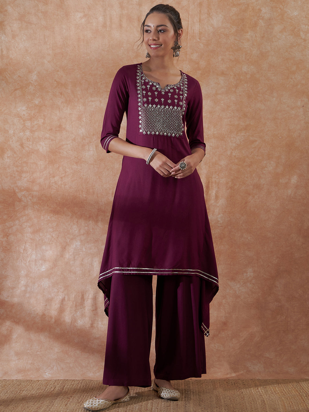 InWeave Women's Burgundy Emb Assymetrical Kurta Pant Set - Swadesiicart