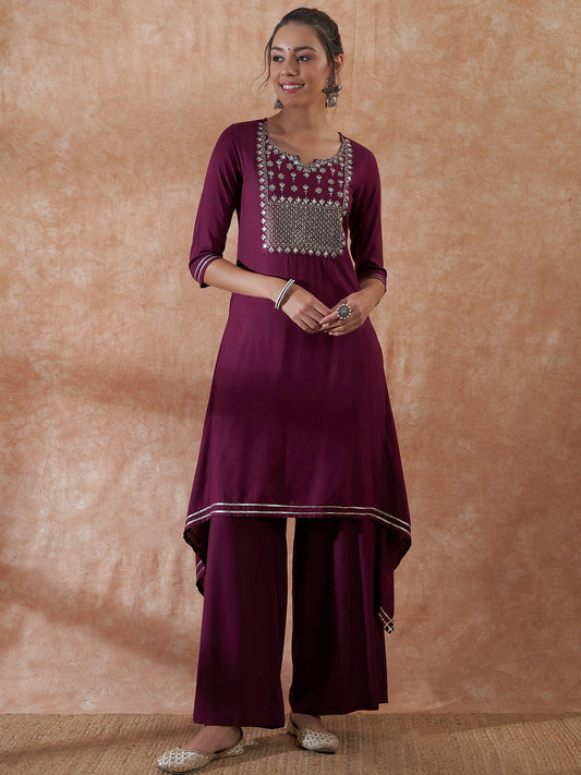 InWeave Women's Burgundy Emb Assymetrical Kurta Pant Set - Swadesiicart