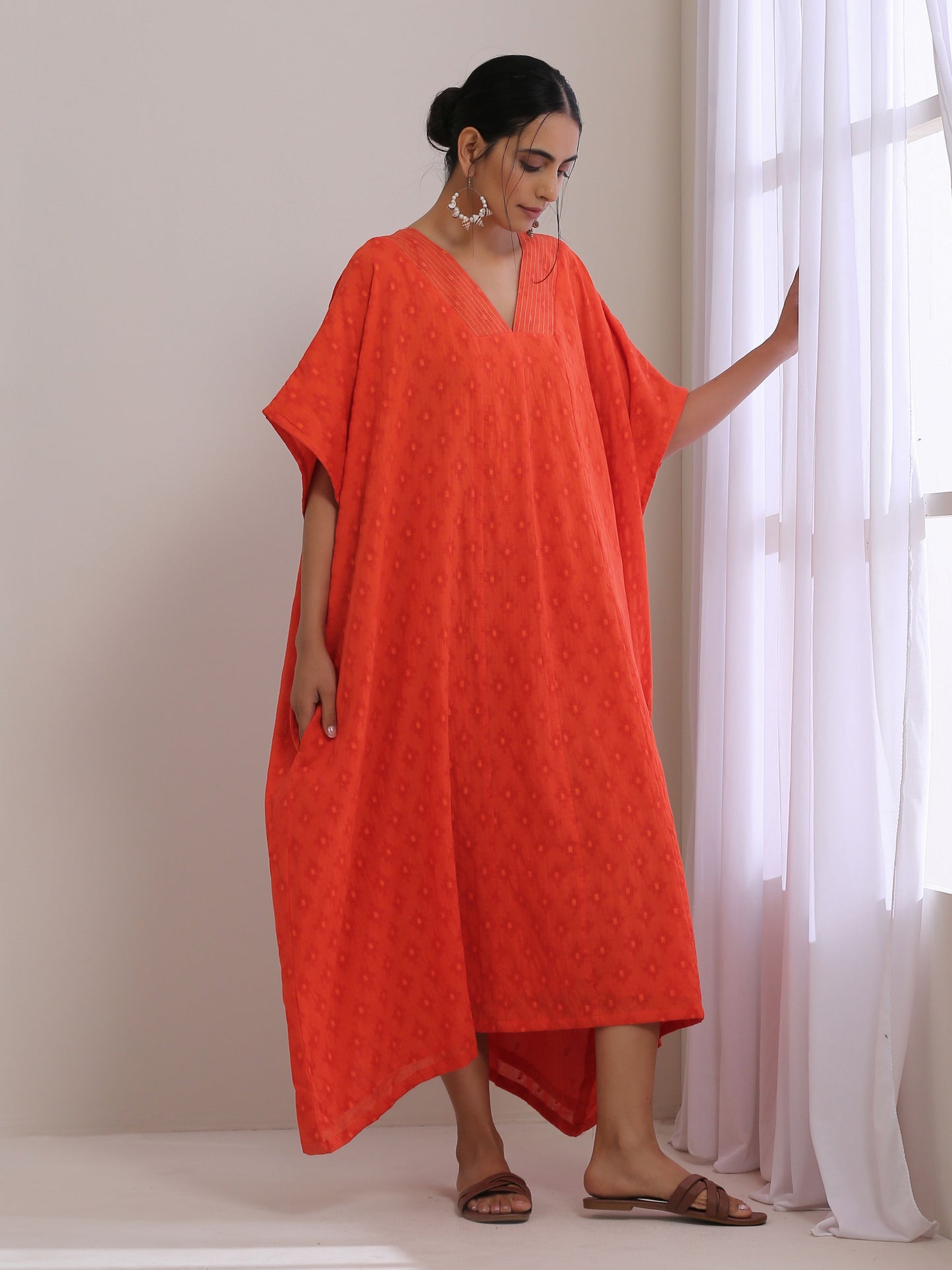 trueBrowns Orange Dobby Panel Kaftan Dress | Swadesiicart
