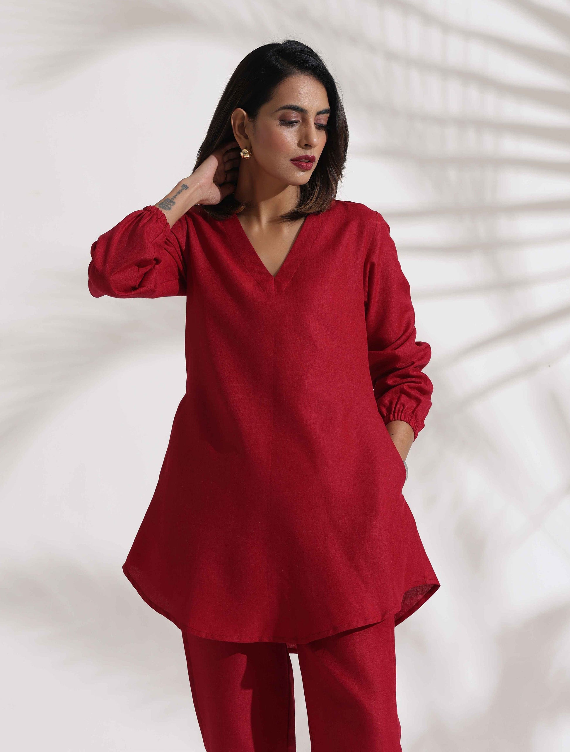 trueBrowns Maroon Slub Co-ord Set - Swadesiicart