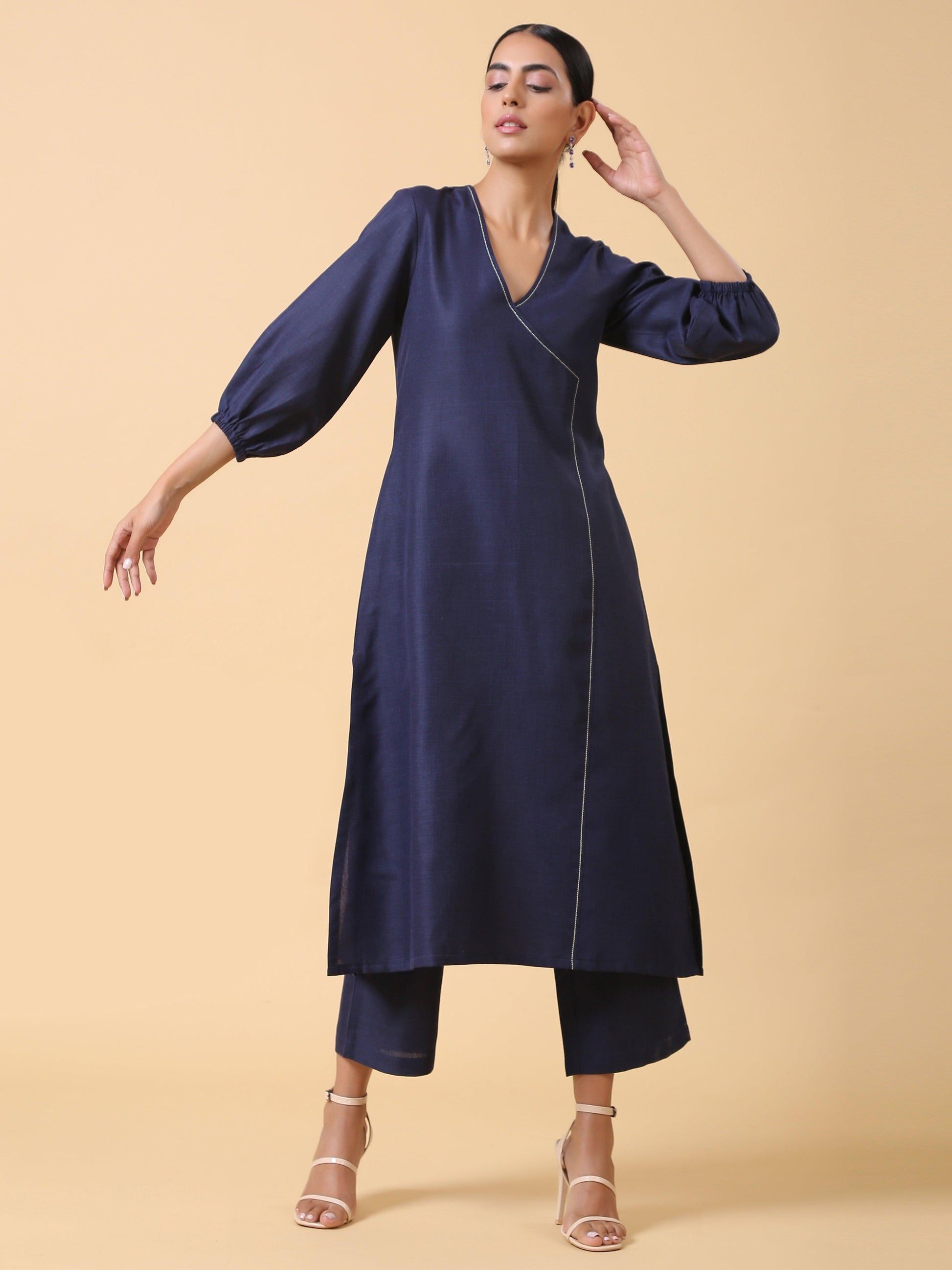 trueBrowns Cotton Linen Dark Blue Kurta Pant Set | Swadesiicart